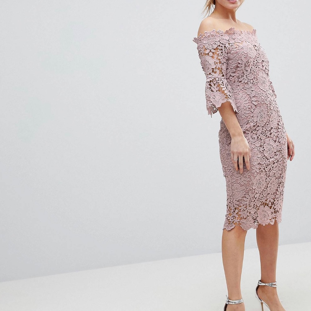 Paper Dolls Off-the-shoulder Crochet Midi Dress with Frill Sleeves